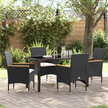 ARDEBO.de - 5-teilige Garten-Essgruppe mit Kissen Schwarz Rattan, Gartentisch Schwarz 140x80x73 cm Sicherheitsglas