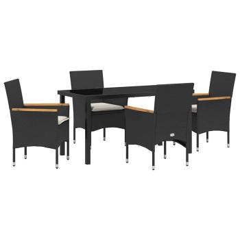 5-teilige Garten-Essgruppe mit Kissen Schwarz Rattan, Gartentisch Schwarz 140x80x73 cm Sicherheitsglas