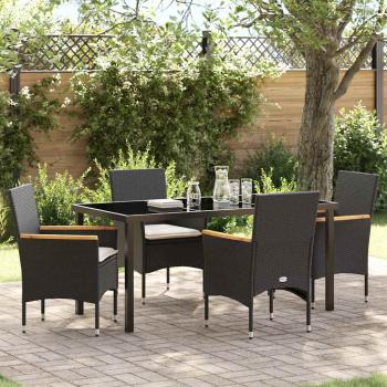 ARDEBO.de - 5-teilige Garten-Essgruppe mit Kissen Schwarz Poly-Rattan, Gartentisch Schwarz 160x80x73 cm Sicherheitsglas