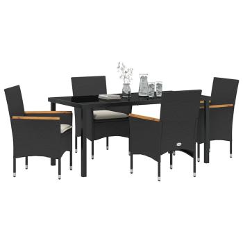 5-teilige Garten-Essgruppe mit Kissen Schwarz Poly-Rattan, Gartentisch Schwarz 160x80x73 cm Sicherheitsglas