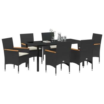 7-teiliges Garten Essset mit Kissen Schwarz Poly Rattan, Gartentisch Schwarz 160x80x73 cm Sicherheitsglas