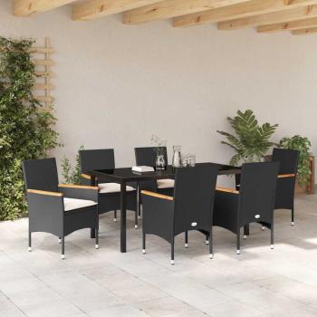 7-teiliges Garten Essset mit Kissen Schwarz Poly Rattan, Gartentisch Schwarz 160x80x73 cm Sicherheitsglas