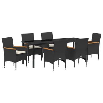 ARDEBO.de - 7-teilige Garten-Essgruppe mit Kissen Schwarz Poly-Rattan, Gartentisch Schwarz 200x80x73 cm mit Sicherheitsglas