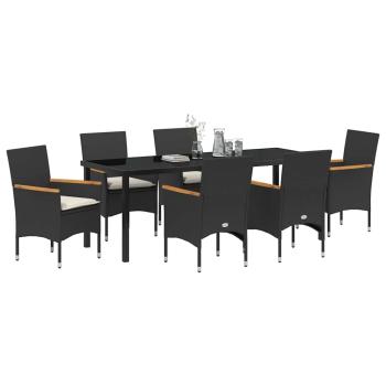 7-teilige Garten-Essgruppe mit Kissen Schwarz Poly-Rattan, Gartentisch Schwarz 200x80x73 cm mit Sicherheitsglas