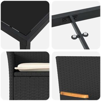 7-teilige Garten-Essgruppe mit Kissen Schwarz Poly-Rattan, Gartentisch Schwarz 200x80x73 cm mit Sicherheitsglas