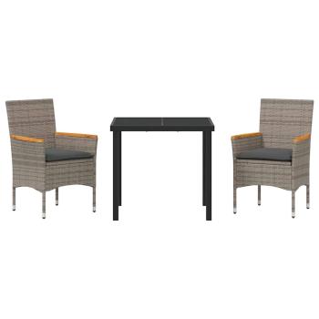 3-teiliges Garten Essgruppen-Set mit Kissen Grau Poly Rattan, Gartentisch Schwarz 80x80x73 cm Tempered Glass