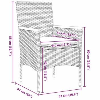3-teiliges Garten Essgruppen-Set mit Kissen Grau Poly Rattan, Gartentisch Schwarz 80x80x73 cm Tempered Glass