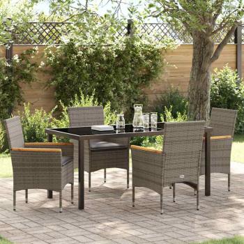ARDEBO.de - 5 Teile Garten Essgruppe mit Kissen Grau Poly-Rattan, Gartentisch Schwarz 160x80x73 cm Sicherheitsglas