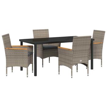 5 Teile Garten Essgruppe mit Kissen Grau Poly-Rattan, Gartentisch Schwarz 160x80x73 cm Sicherheitsglas