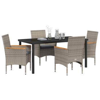 5 Teile Garten Essgruppe mit Kissen Grau Poly-Rattan, Gartentisch Schwarz 160x80x73 cm Sicherheitsglas