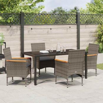 5 Teile Garten Essgruppe mit Kissen Grau Poly-Rattan, Gartentisch Schwarz 160x80x73 cm Sicherheitsglas