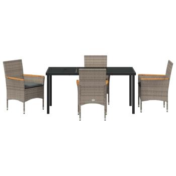 5 Teile Garten Essgruppe mit Kissen Grau Poly-Rattan, Gartentisch Schwarz 160x80x73 cm Sicherheitsglas