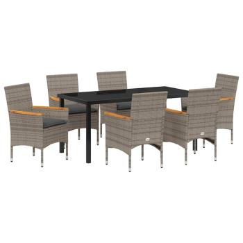 7-teiliges Garten Ess Set mit Kissen Grau Poly-Rattan, Gartentisch Schwarz 160x80x73 cm ESG-Glas