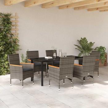 7-teiliges Garten Ess Set mit Kissen Grau Poly-Rattan, Gartentisch Schwarz 160x80x73 cm ESG-Glas