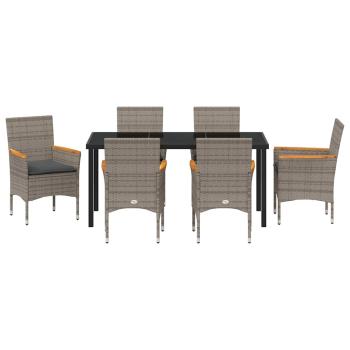 7-teiliges Garten Ess Set mit Kissen Grau Poly-Rattan, Gartentisch Schwarz 160x80x73 cm ESG-Glas