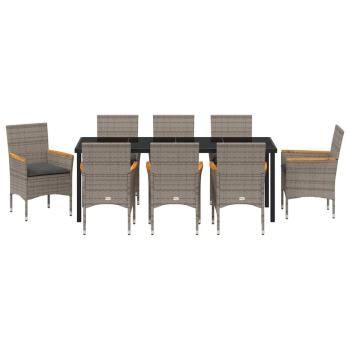 9-teilige Garten Essgruppe mit Kissen Grau Poly Rattan, Gartentisch Schwarz 200x80x73 cm Sicherheitsglas