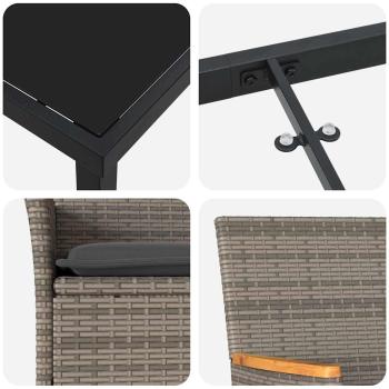 9-teilige Garten Essgruppe mit Kissen Grau Poly Rattan, Gartentisch Schwarz 200x80x73 cm Sicherheitsglas