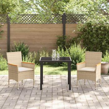 3-teilige Garten-Essgruppe mit Kissen Beige Poly Rattan, Gartentisch Schwarz 80x80x73 cm gehärtetes Glas