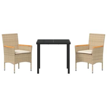 3-teilige Garten-Essgruppe mit Kissen Beige Poly Rattan, Gartentisch Schwarz 80x80x73 cm gehärtetes Glas