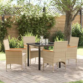 ARDEBO.de - 5-teiliges Garten Essgruppe mit Kissen Beige Poly Rattan, Gartentisch Schwarz 80x80x73 cm mit Sicherheitsglas