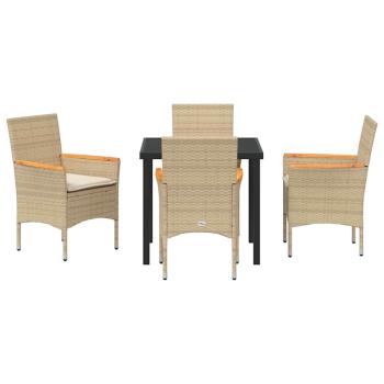 5-teiliges Garten Essgruppe mit Kissen Beige Poly Rattan, Gartentisch Schwarz 80x80x73 cm mit Sicherheitsglas