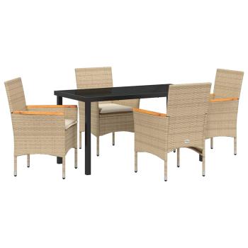 5-teilige Garten-Essgruppe mit Kissen Beige Poly-Rattan, Gartentisch Schwarz 140x80x73 cm gehärtetes Glas