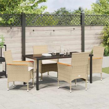 5-teilige Garten-Essgruppe mit Kissen Beige Poly-Rattan, Gartentisch Schwarz 140x80x73 cm gehärtetes Glas