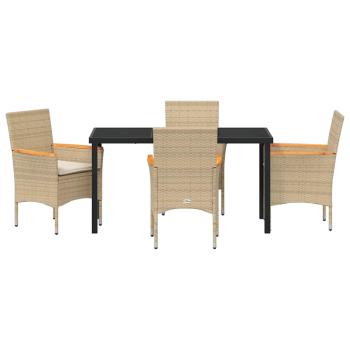 5-teilige Garten-Essgruppe mit Kissen Beige Poly-Rattan, Gartentisch Schwarz 140x80x73 cm gehärtetes Glas