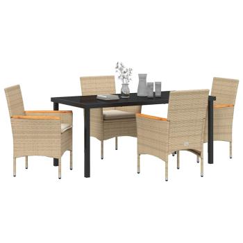 5-teiliges Garten Essset mit Kissen Beige Poly-Rattan, Gartentisch Schwarz 160x80x73 cm Temperglas
