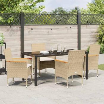 5-teiliges Garten Essset mit Kissen Beige Poly-Rattan, Gartentisch Schwarz 160x80x73 cm Temperglas