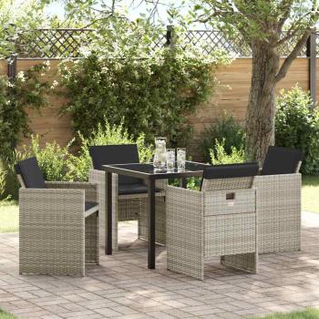 ARDEBO.de - 5-teiliges Garten Essset mit Kissen Hellgrau Poly Rattan, Gartentisch Schwarz 80x80x73 cm Echtglas