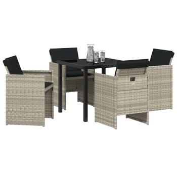 5-teiliges Garten Essset mit Kissen Hellgrau Poly Rattan, Gartentisch Schwarz 80x80x73 cm Echtglas
