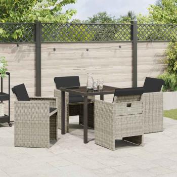 5-teiliges Garten Essset mit Kissen Hellgrau Poly Rattan, Gartentisch Schwarz 80x80x73 cm Echtglas