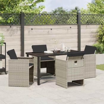 5-teilige Garten-Essgruppe mit Kissen Hellgrau Poly Rattan, Gartentisch Schwarz 140x80x73 cm Temperglas