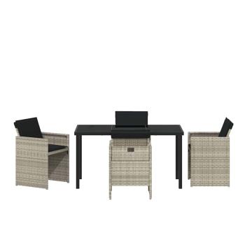 5-teilige Garten-Essgruppe mit Kissen Hellgrau Poly Rattan, Gartentisch Schwarz 140x80x73 cm Temperglas