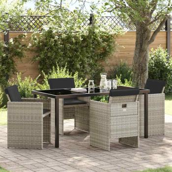 ARDEBO.de - 5-teiliges Garten Essgruppe mit Kissen Hellgrau Poly Rattan, Gartentisch Schwarz 160x80x73 cm Temperiertes Glas