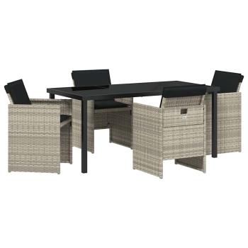 5-teiliges Garten Essgruppe mit Kissen Hellgrau Poly Rattan, Gartentisch Schwarz 160x80x73 cm Temperiertes Glas