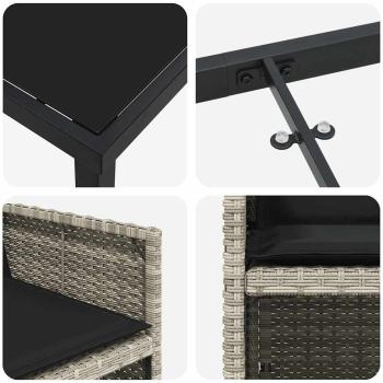 ARDEBO.de - 9-teilige Garten Essgruppe mit Kissen in Hellgrau, Poly Rattan, Gartentisch Schwarz 200x80x73 cm, Sicherheitsglas