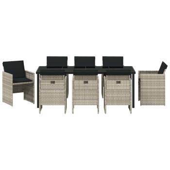 9-teilige Garten Essgruppe mit Kissen in Hellgrau, Poly Rattan, Gartentisch Schwarz 200x80x73 cm, Sicherheitsglas