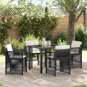 ARDEBO.de - 5-teiliges Garten Esszimmer Set mit Kissen Schwarz Poly Rattan, Gartentisch Schwarz 80x80x73 cm mit gehärtetem Glas