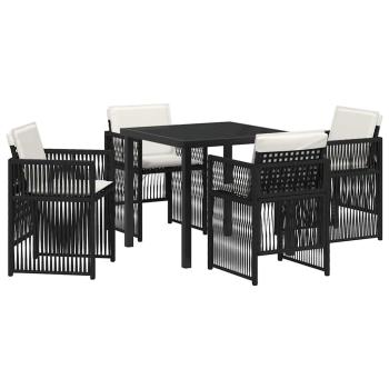 5-teiliges Garten Esszimmer Set mit Kissen Schwarz Poly Rattan, Gartentisch Schwarz 80x80x73 cm mit gehärtetem Glas