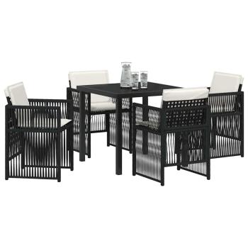 5-teiliges Garten Esszimmer Set mit Kissen Schwarz Poly Rattan, Gartentisch Schwarz 80x80x73 cm mit gehärtetem Glas