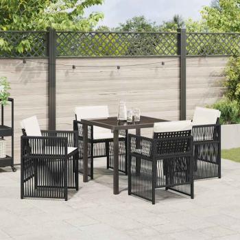 5-teiliges Garten Esszimmer Set mit Kissen Schwarz Poly Rattan, Gartentisch Schwarz 80x80x73 cm mit gehärtetem Glas