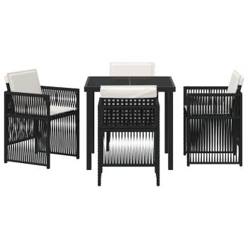 5-teiliges Garten Esszimmer Set mit Kissen Schwarz Poly Rattan, Gartentisch Schwarz 80x80x73 cm mit gehärtetem Glas