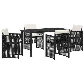 5-teiliges Garten Esstisch Set mit Kissen Schwarz Poly Rattan, Gartentisch Schwarz 140x80x73 cm mit gehärtetem Glas