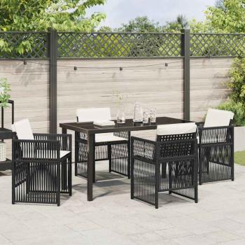 5-teiliges Garten Esstisch Set mit Kissen Schwarz Poly Rattan, Gartentisch Schwarz 140x80x73 cm mit gehärtetem Glas