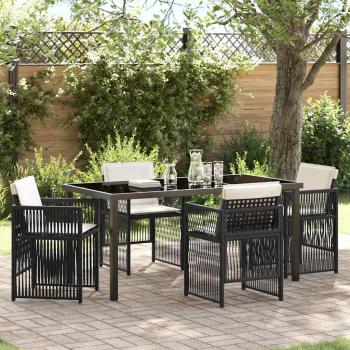 ARDEBO.de - 5-teilige Garten Essgruppe mit Kissen Schwarz Polyrattan, Gartentisch Schwarz 160x80x73 cm Tempered Glass