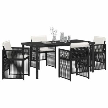 5-teilige Garten Essgruppe mit Kissen Schwarz Polyrattan, Gartentisch Schwarz 160x80x73 cm Tempered Glass