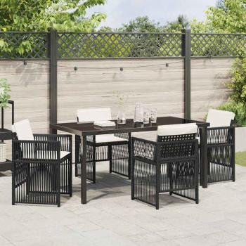 5-teilige Garten Essgruppe mit Kissen Schwarz Polyrattan, Gartentisch Schwarz 160x80x73 cm Tempered Glass