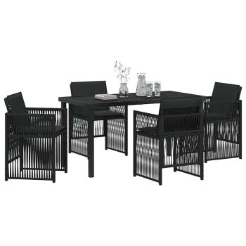 5-teiliges Garten Essgruppe mit Kissen Schwarz Poly Rattan, Gartentisch Schwarz 140x80x73 cm Temperglas